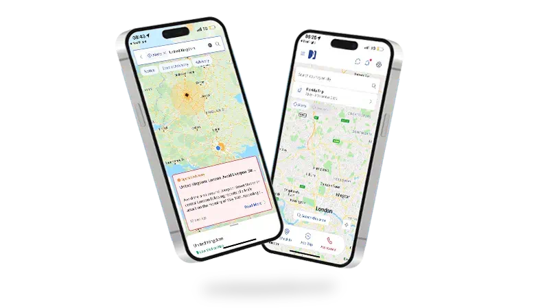Two iPhones displaying screenshots from the International SOS app